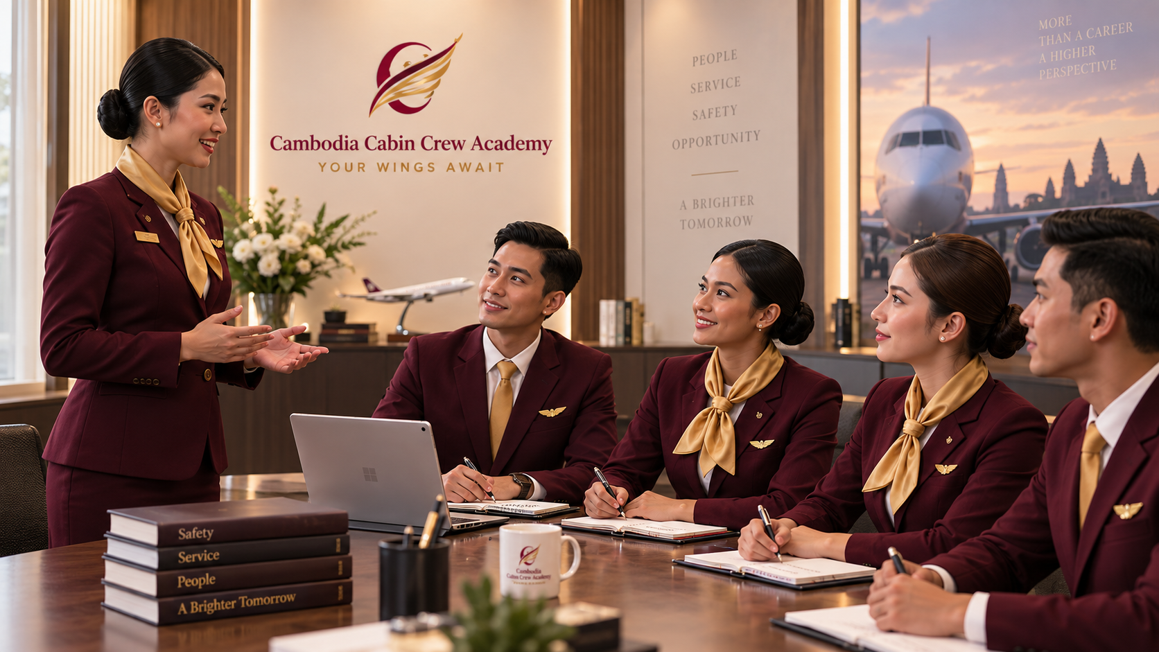 Diverse CCCA cabin crew trainees in a practical learning session
