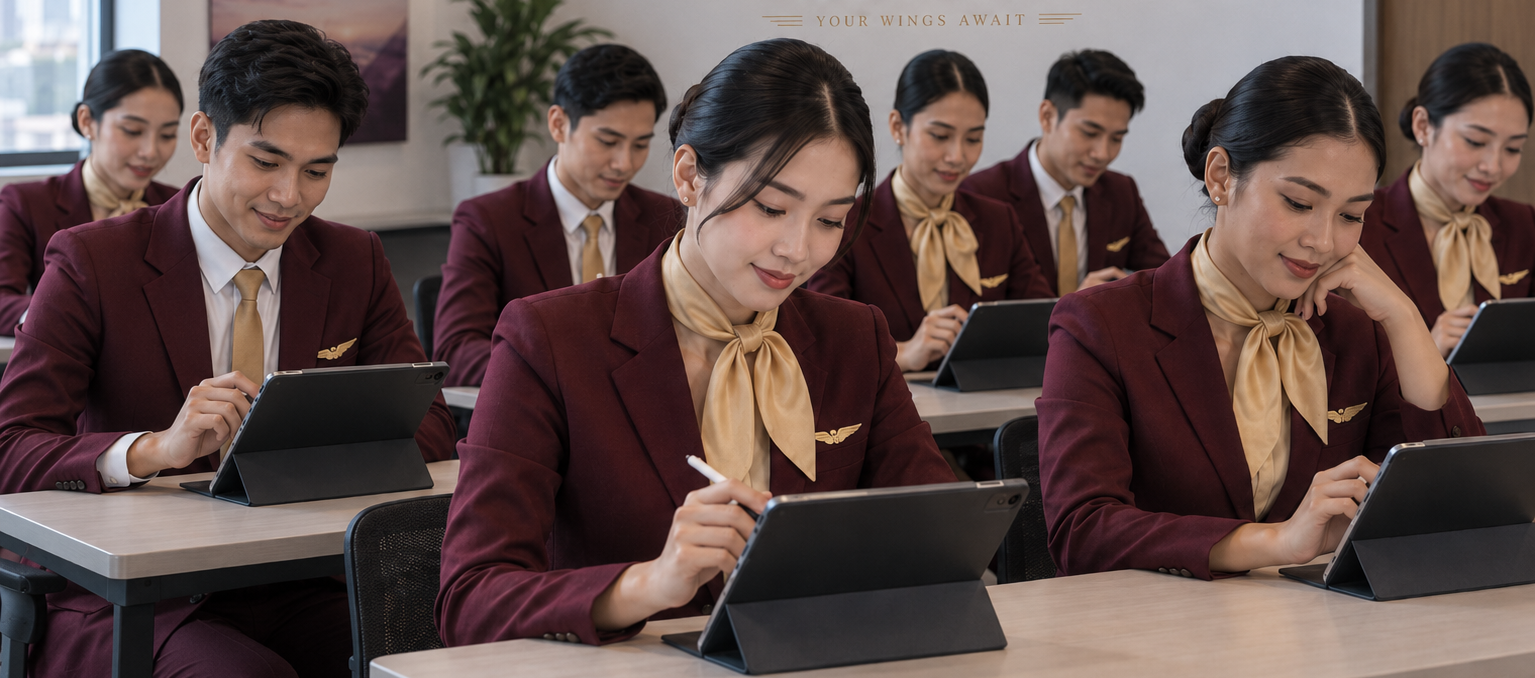 CCCA trainees using tablets in a cabin crew learning session